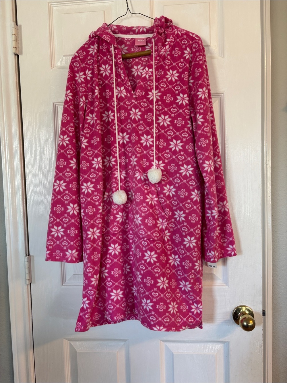 Jenni Relativity Hot Pink Hooded Fleece Nightshirt with Pom-Poms